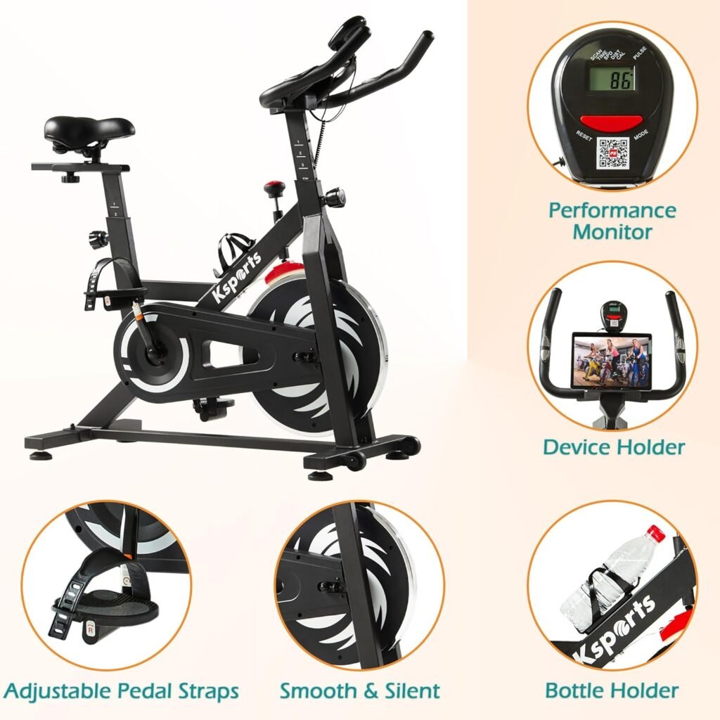 Ksports Home Magnetic Resistance Adjustable Cardio Exercise Stationary Bike for Home Gyms with LCD Screen, Straps, and Ab Mat, Black