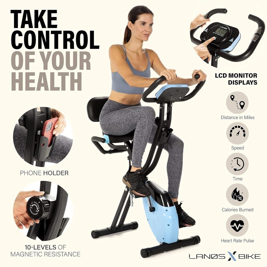 LANOS Workout Bike For Home - 2 In 1 Recumbent Exercise Bike and Upright Indoor Cycling Bike Positions, 10 Level Magnetic Resistance Exercise Bike, Foldable Stationary Bike Machine, Fitness Bike