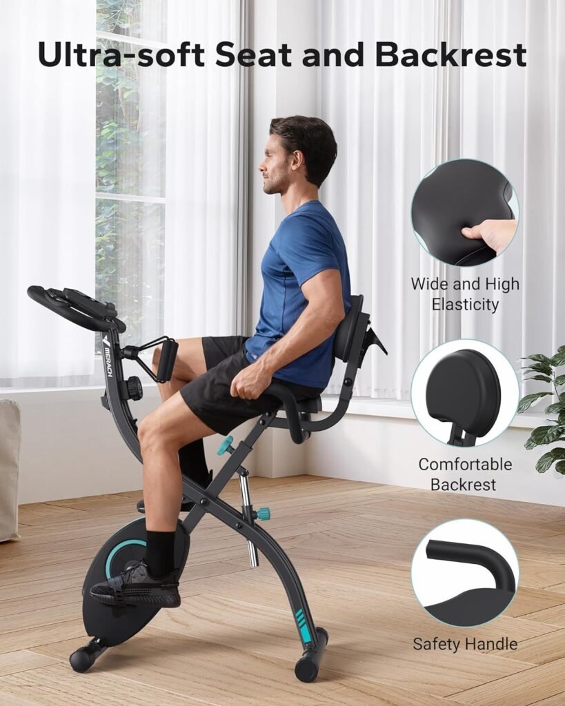 MERACH Folding Exercise Bike, 4 in 1 Magnetic Stationary Bike for Home with 16-Level Resistance, Exclusive APP, 300LB Capacity and Large Comfortable Seat Cushion