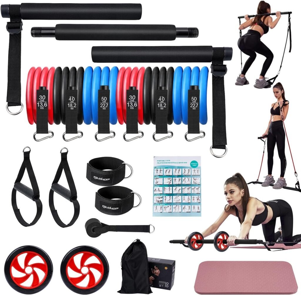 Pilates Bar Kit with 6 Resistance Bands(30,40,50lbs), Portable Home Gym Workout Equipment with Ab Rollers for Women and Men, Yoga Exercise Bar Set for Weight Squats, Thighs and Glutes