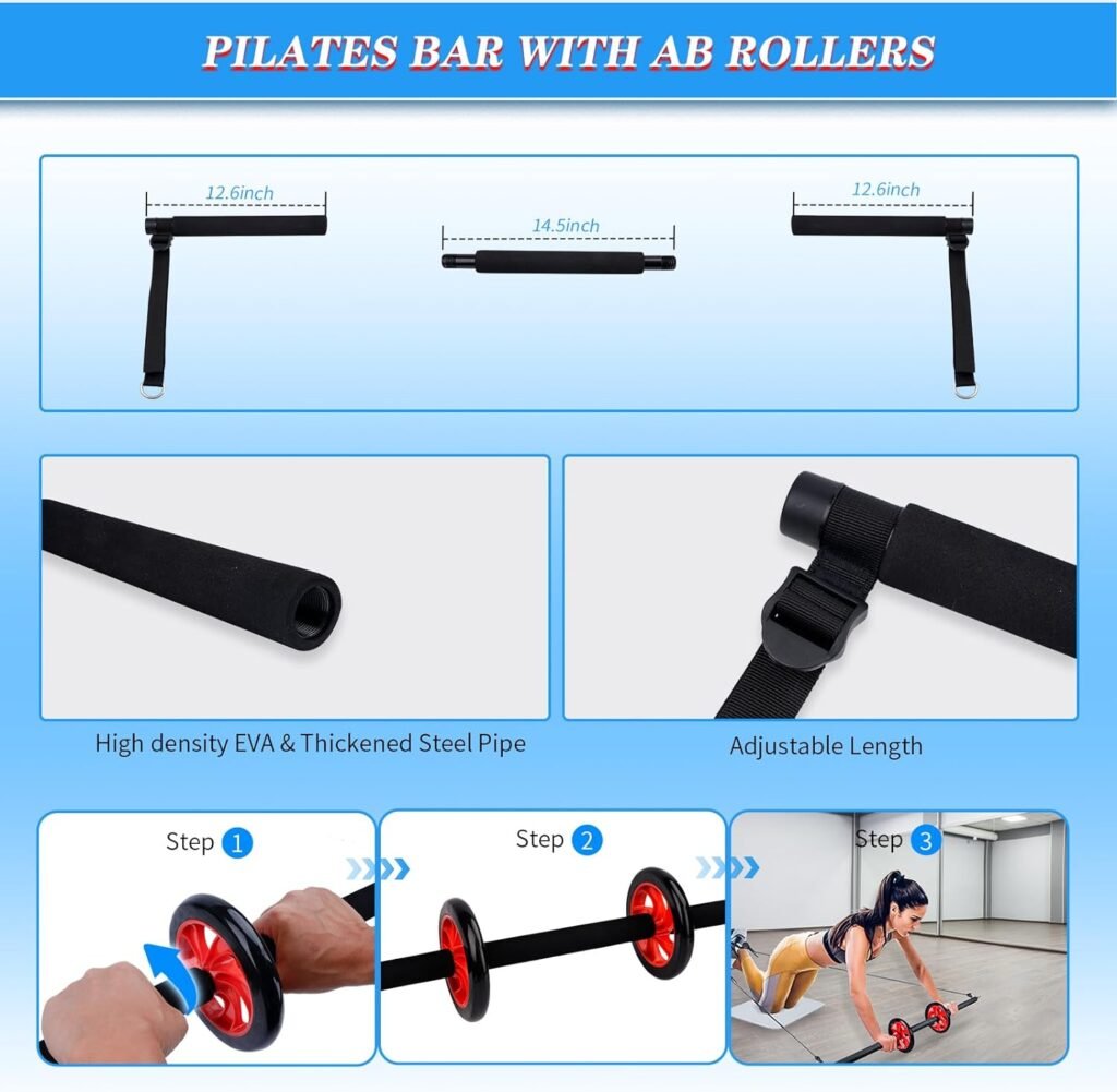 Pilates Bar Kit with 6 Resistance Bands(30,40,50lbs),Yoga Exercise Bar with AB Roller,Portable Home Gym for Women and Men ,Workout Equipment for Legs,Hip,Waist and Arm