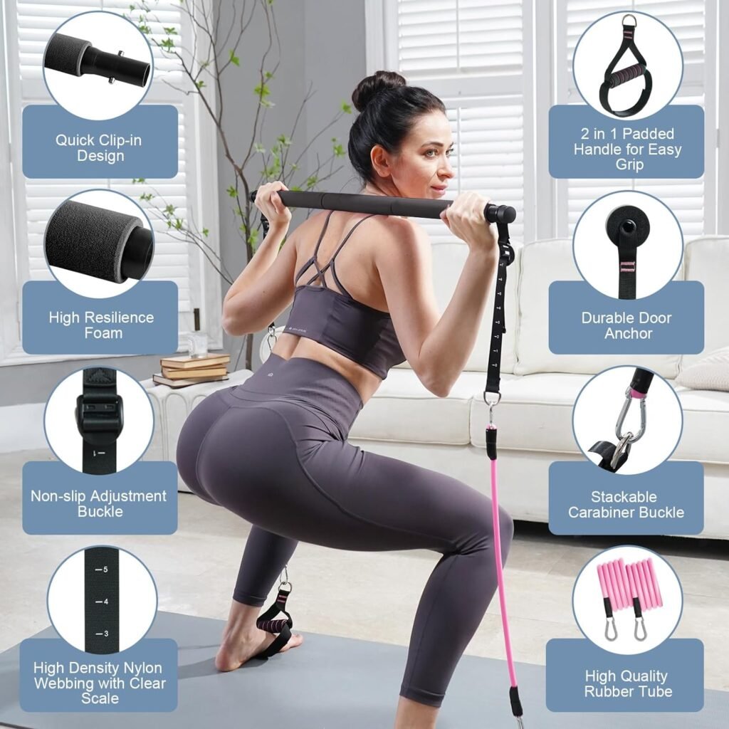 Pilates Bar Kit with Resistance Bands, Multifunctional Pilates Bar with Exercise Resistance Bands, Portable Pilates Equipment for Women Full Body Home Gym Yoga Workouts