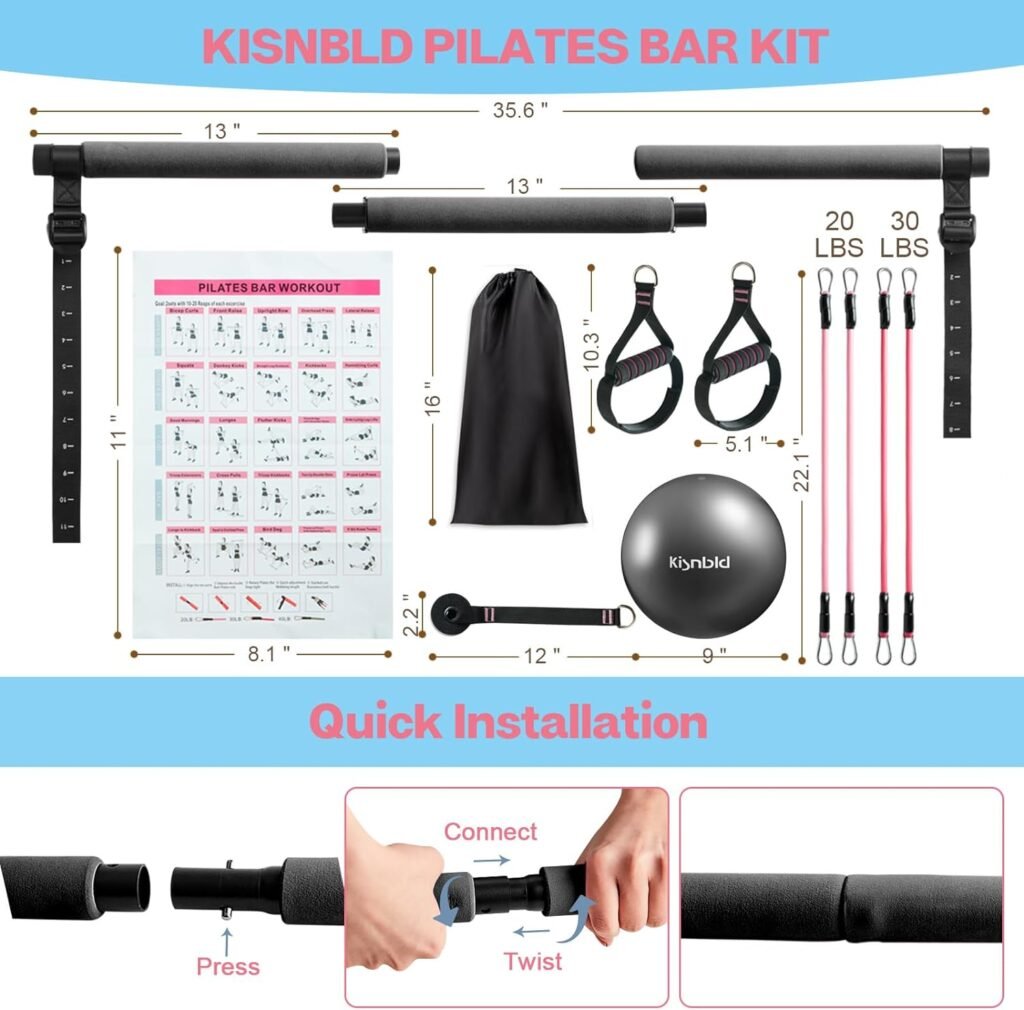 Pilates Bar Kit with Resistance Bands, Multifunctional Pilates Bar with Exercise Resistance Bands, Portable Pilates Equipment for Women Full Body Home Gym Yoga Workouts