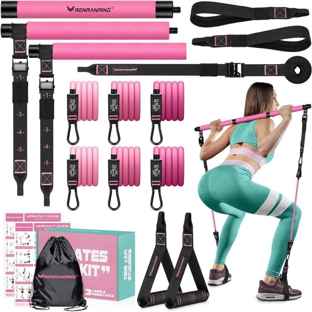 Pilates Bar Kit with Resistance Bands, Multifunctional Yoga Pilates Bar with Heavy-Duty Metal Adjustment Buckle for Women  Men, Home Gym Pilates Resistance Bar Kit for Full Body Workouts