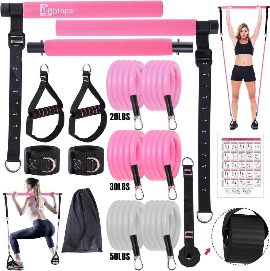 Pilates Bar Kit with Resistance Bands,3-Section Pilates Bar with Stackable Bands Workout Equipment for Legs,Hip,Waist and Arm,Exercise Fitness Equipment for Women  Men Home Gym Yoga Pilates