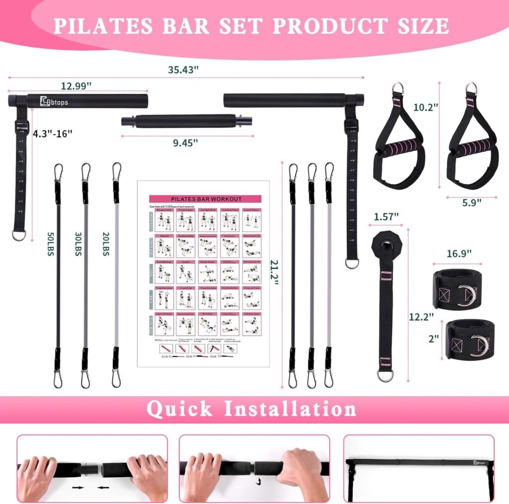 Pilates Bar Kit with Resistance Bands,3-Section Pilates Bar with Stackable Bands Workout Equipment for Legs,Hip,Waist and Arm,Exercise Fitness Equipment for Women  Men Home Gym Yoga Pilates