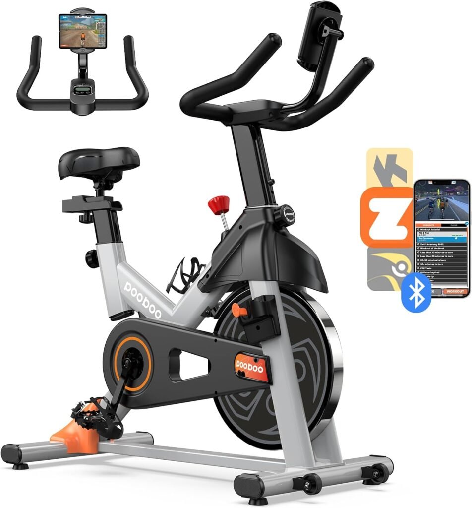 pooboo Exercise Bike, Adjustable Magnetic Resistance Silent Belt Drive, Indoor Cycling Bike for Home Cardio Gym, Fitness Stationary Bike Machine with 350lbs/300lbs Weight Capacity, Monitor with Pulse  Ipad Mount Upgraded Version Seat