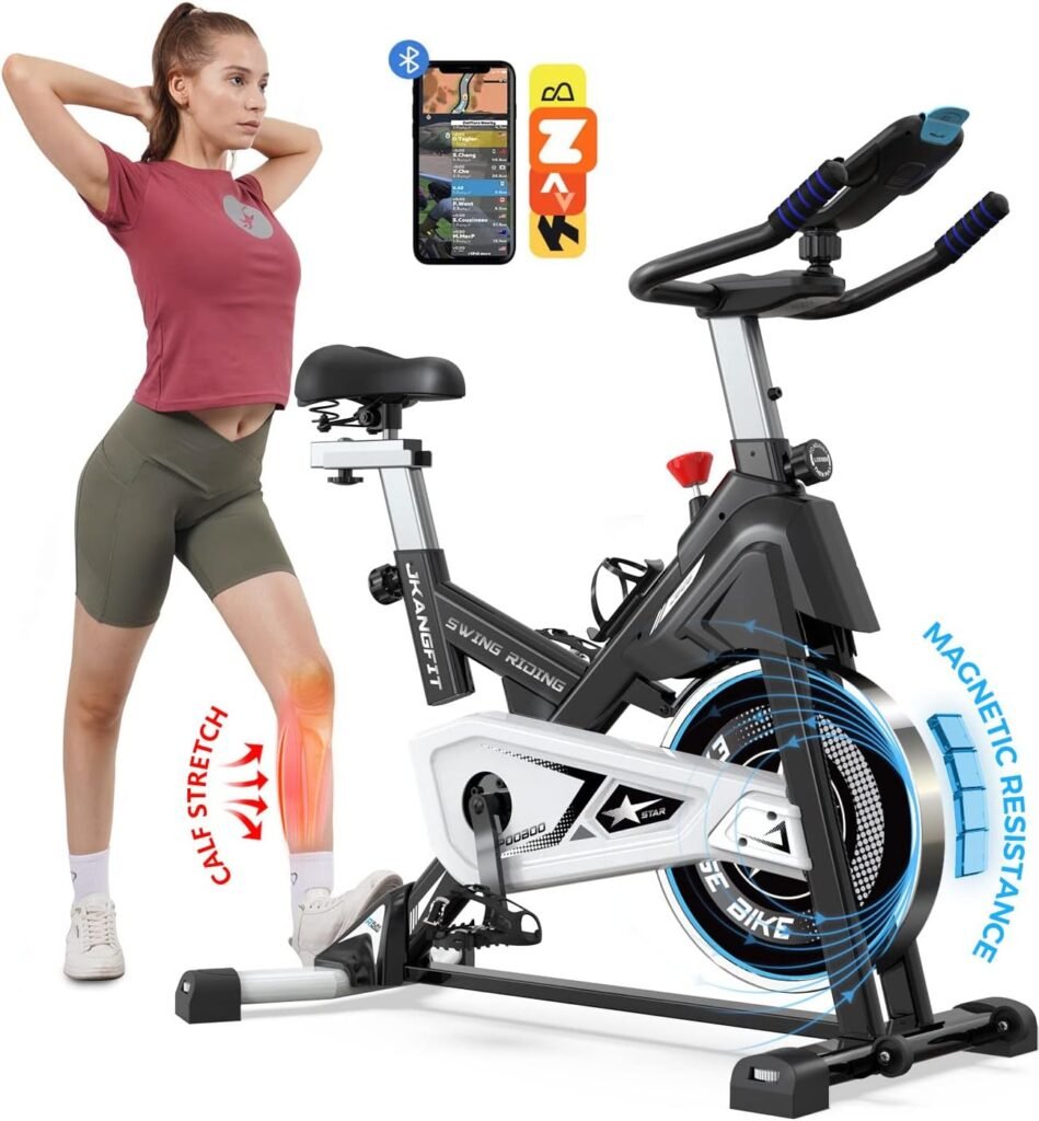 Pooboo Magnetic Exercise Bike Stationary, Indoor Cycling Bike with Built-In Bluetooth Sensor Compatible with Exercise bike apps Ipad Mount, Comfortable seat and Slant Board, Silent Belt Drive, 350LBS Weight Capacity