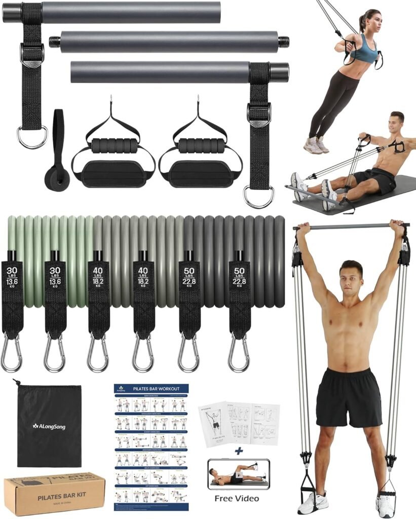 Portable Pilates Bar Kit with Resistance Bands for Women  Men, Upgraded 3 Section Pilates Bar for Home Gym Exercise Fitness Equipment Supports Full-Body Workouts