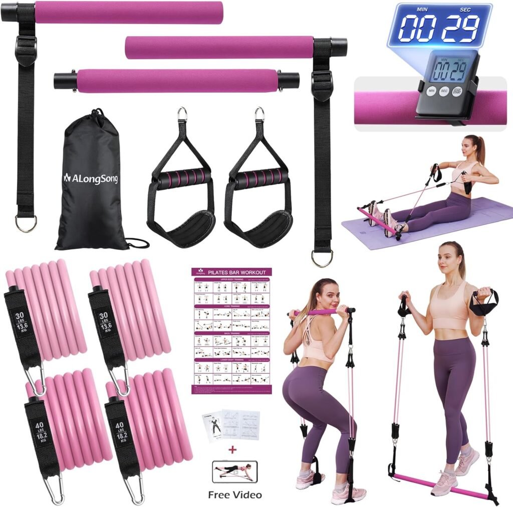 Portable Pilates Bar Kit with Resistance Bands for Women  Men, Upgraded 3 Section Pilates Bar for Home Gym Exercise Fitness Equipment Supports Full-Body Workouts