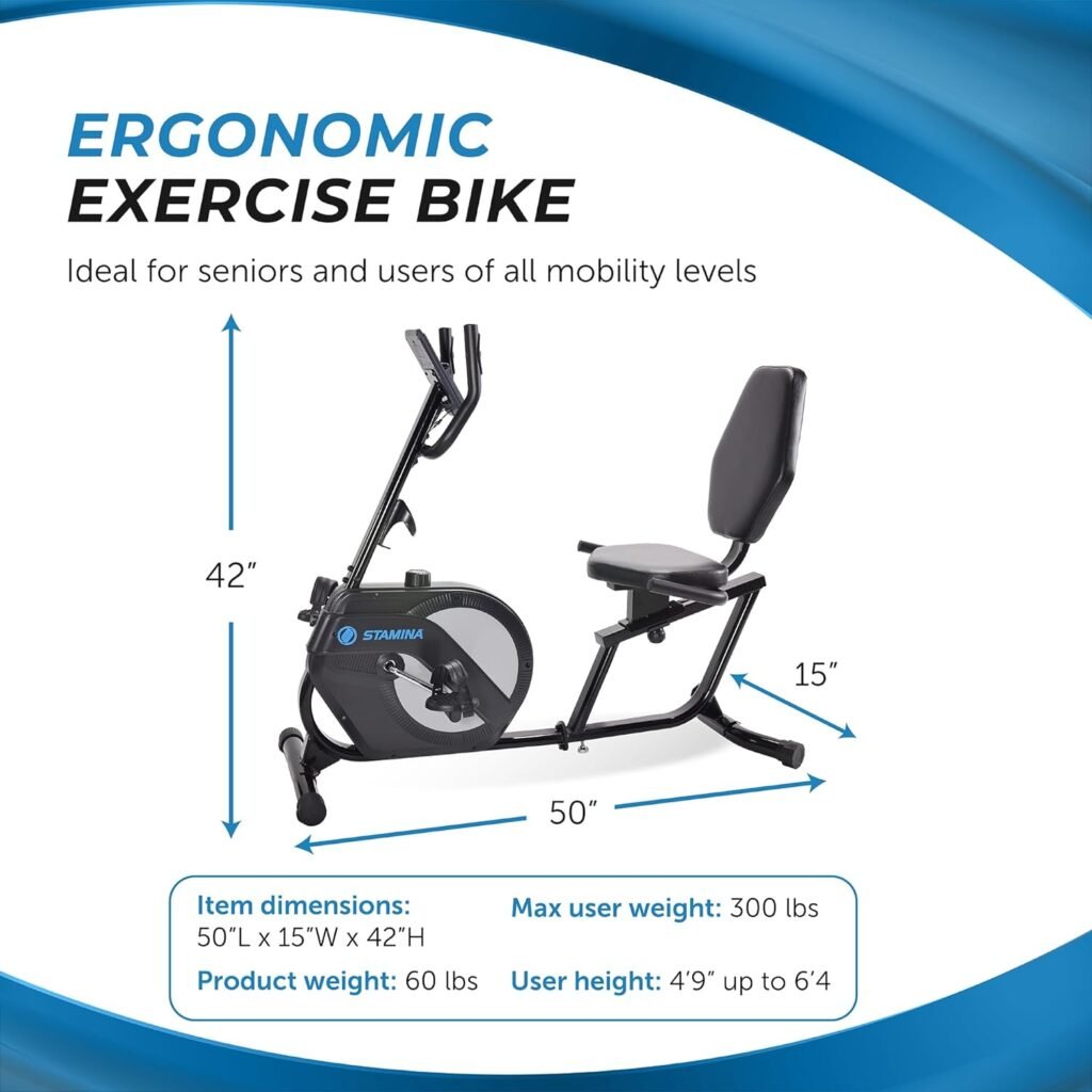 Stamina Recumbent Exercise Bike 1346 - Exercise Bike with Smart Workout App - Recumbent Exercise Bike for Home Workout - Up to 250 lbs Weight Capacity Black