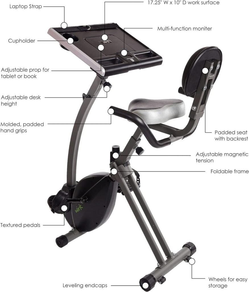 Stamina Wirk Ride Exercise Bike - Foldable Fitness Bike with Workstation and Standing Desk - Stationary Bike for Home Workout - Up to 250 Weight Capacity