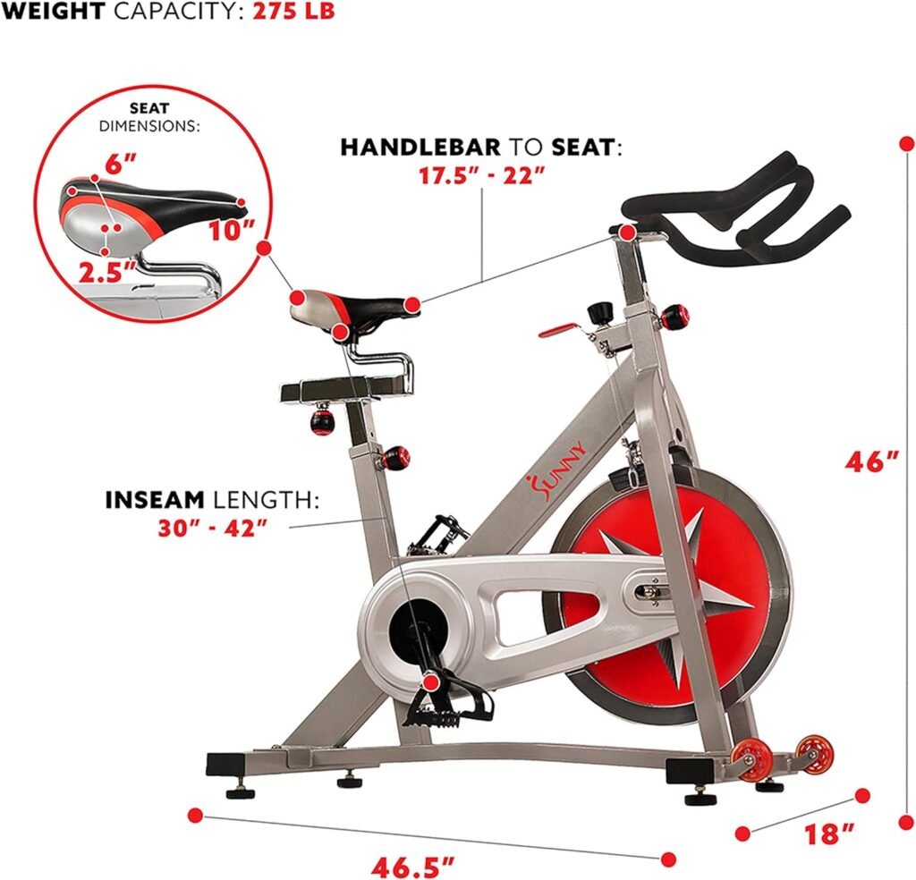 Sunny Health  Fitness Indoor Cycling Exercise Bike with Magnetic/Felt Resistance and Belt/Chain Drive Optional Bluetooth Connectivity with SunnyFit® App