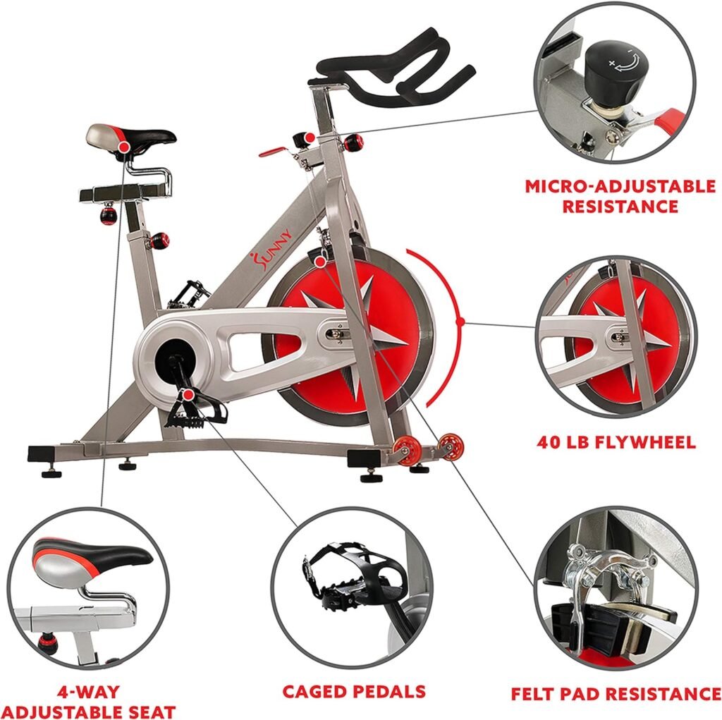 Sunny Health  Fitness Indoor Cycling Exercise Bike with Magnetic/Felt Resistance and Belt/Chain Drive Optional Bluetooth Connectivity with SunnyFit® App