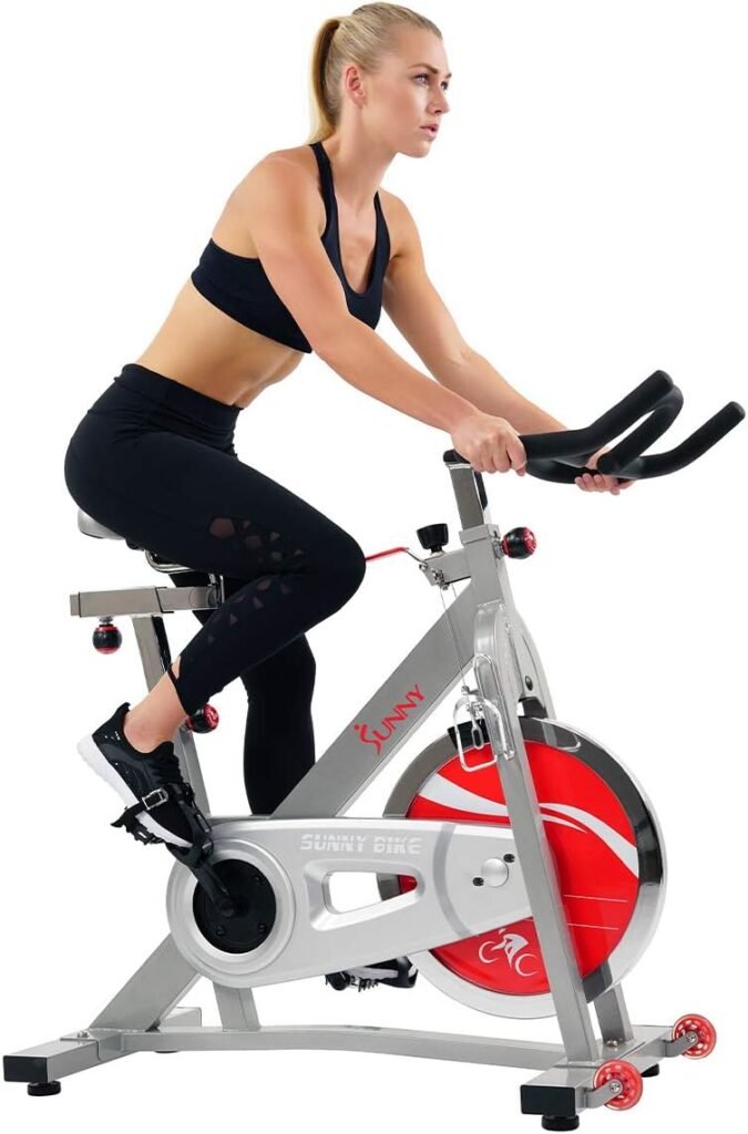 Sunny Health  Fitness Indoor Cycling Exercise Bike with Magnetic/Felt Resistance and Belt/Chain Drive Optional Bluetooth Connectivity with SunnyFit® App