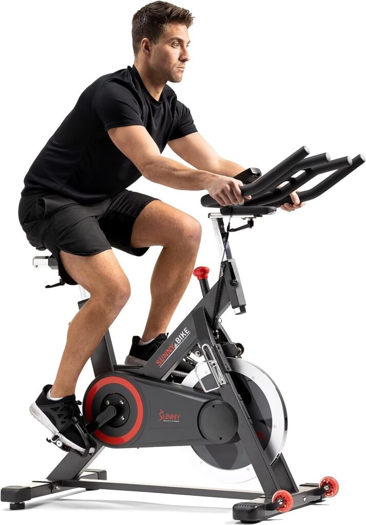 Sunny Health  Fitness Premium Magnetic Belt Drive Indoor Cycling Stationary Exercise Bikes with Optional SunnyFit App Enhanced Bluetooth Connectivity