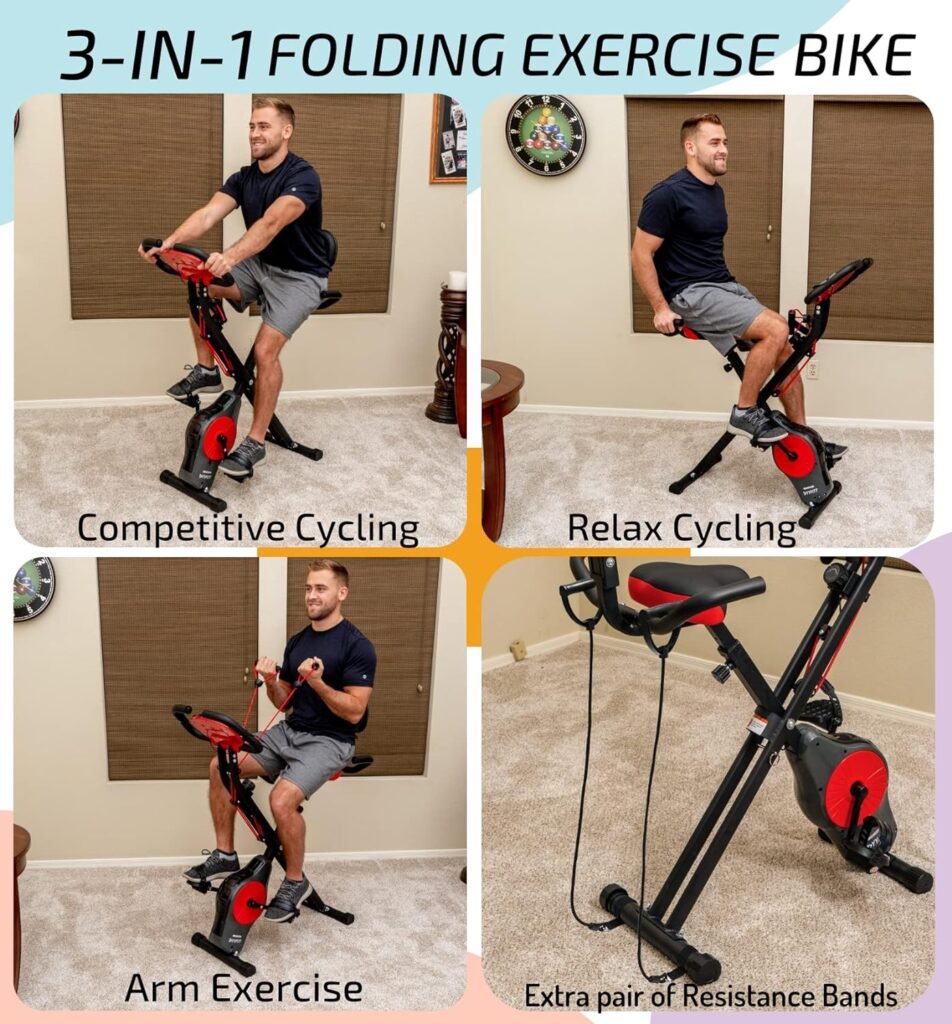 YYFITT 3-In-1 Exercise Bikes for Home | Folding Stationary Bike with Arm Workout Bands - 16 Levels Magnetic Resistance - Indoor Excersize Bike with Thick and Comfortable Seat, Hand Pulse and Phone/Tablet Holder