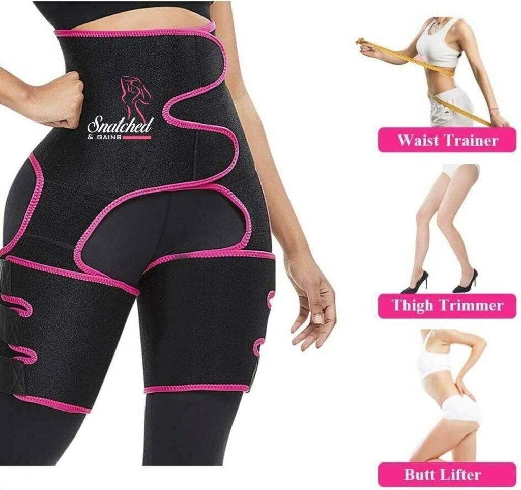 SnatchedGains 3-in-1 Thigh Butt Lifter Waist Eraser Trimmer Sauna Sweat Belt for Weightloss Waist Shaper Sweat Band LG/XL Black/Pink