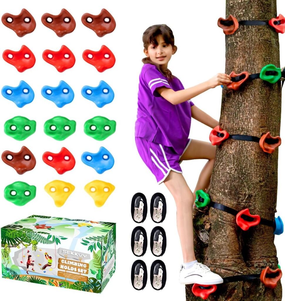 18 Ninja Tree Climbing Holds and 6 Sturdy Ratchet Straps for Kids Tree Climbing, Large Climbing Rocks for Outdoor Ninja Warrior Obstacle Course Training