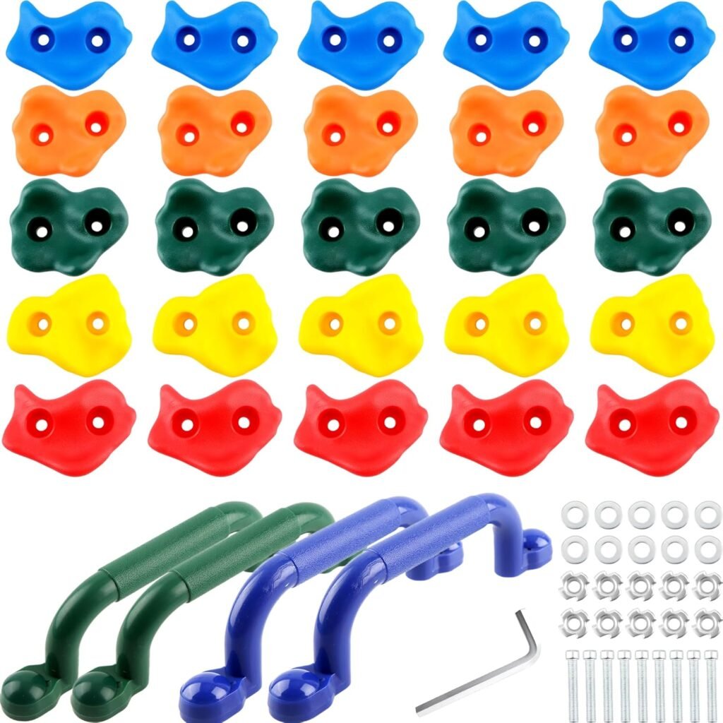 30 Pcs Rock Wall Climbing Holder Colorful Pig Nose Shape Climbing Stones Set with 4 Pcs Safety Handles for Kids Indoor Outdoor Playground Backyard Playset