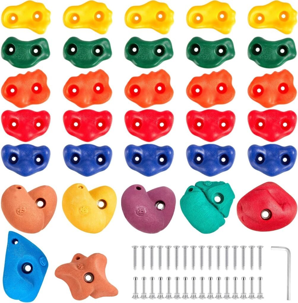 32 Pcs Rock Climbing Holds Multi Size Colourful Wall Climbing Rocks for Kids Adult Large Climbing Rock Wall Grips Set with Mounting Hardware for Play Set Indoor and Outdoor Playground