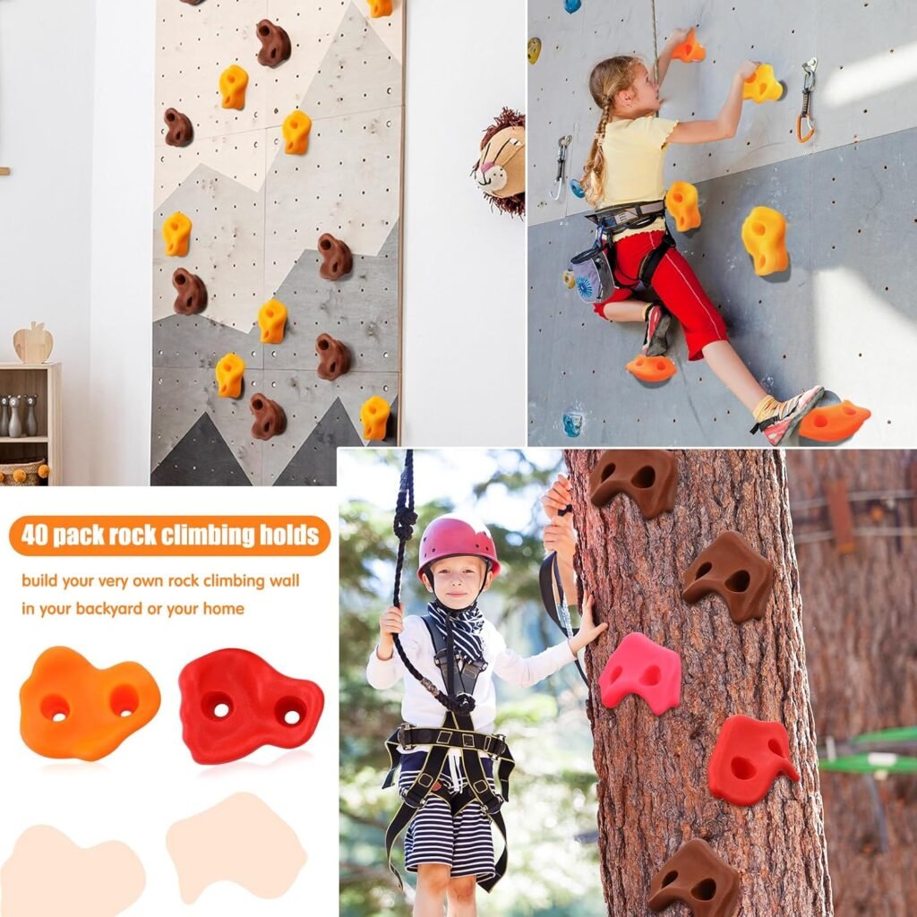 40 Pcs Rock Climbing Holds Set for Kids with Mounting Screws and 2 Wrenches, Mix Colored Climbing Rocks DIY Wall Grip Kits for Outdoor Indoor Playground Backyard Play Set