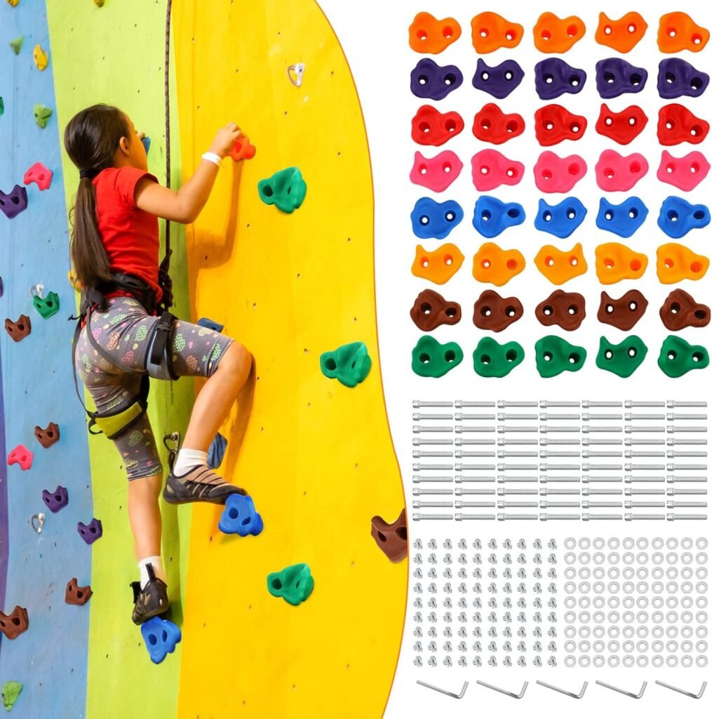 40 Pcs Rock Climbing Holds Set for Kids with Mounting Screws and 2 Wrenches, Mix Colored Climbing Rocks DIY Wall Grip Kits for Outdoor Indoor Playground Backyard Play Set