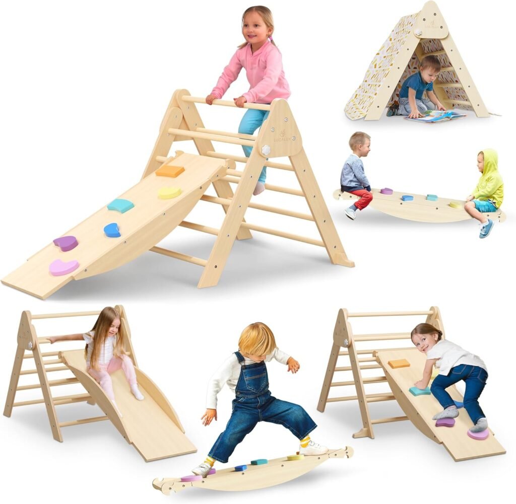 6-in-1 Toddler Climbing Gym - Foldable Kids Pikler Triangle Set with Slide, Rock Climber, Balance Board, Seesaw - Safe Montessori Climbing Set - Indoor  Outdoor Wooden Obstacle Course