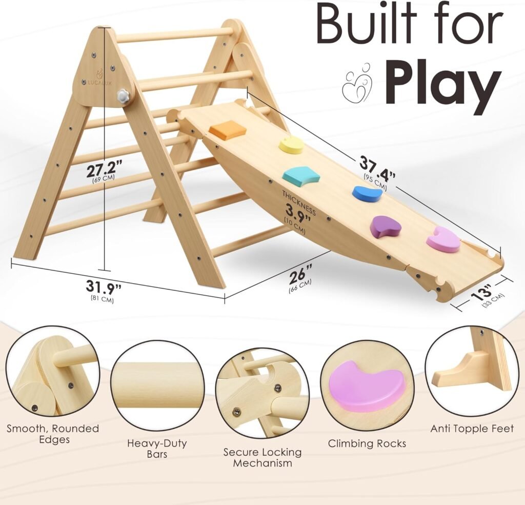 6-in-1 Toddler Climbing Gym - Foldable Kids Pikler Triangle Set with Slide, Rock Climber, Balance Board, Seesaw - Safe Montessori Climbing Set - Indoor  Outdoor Wooden Obstacle Course