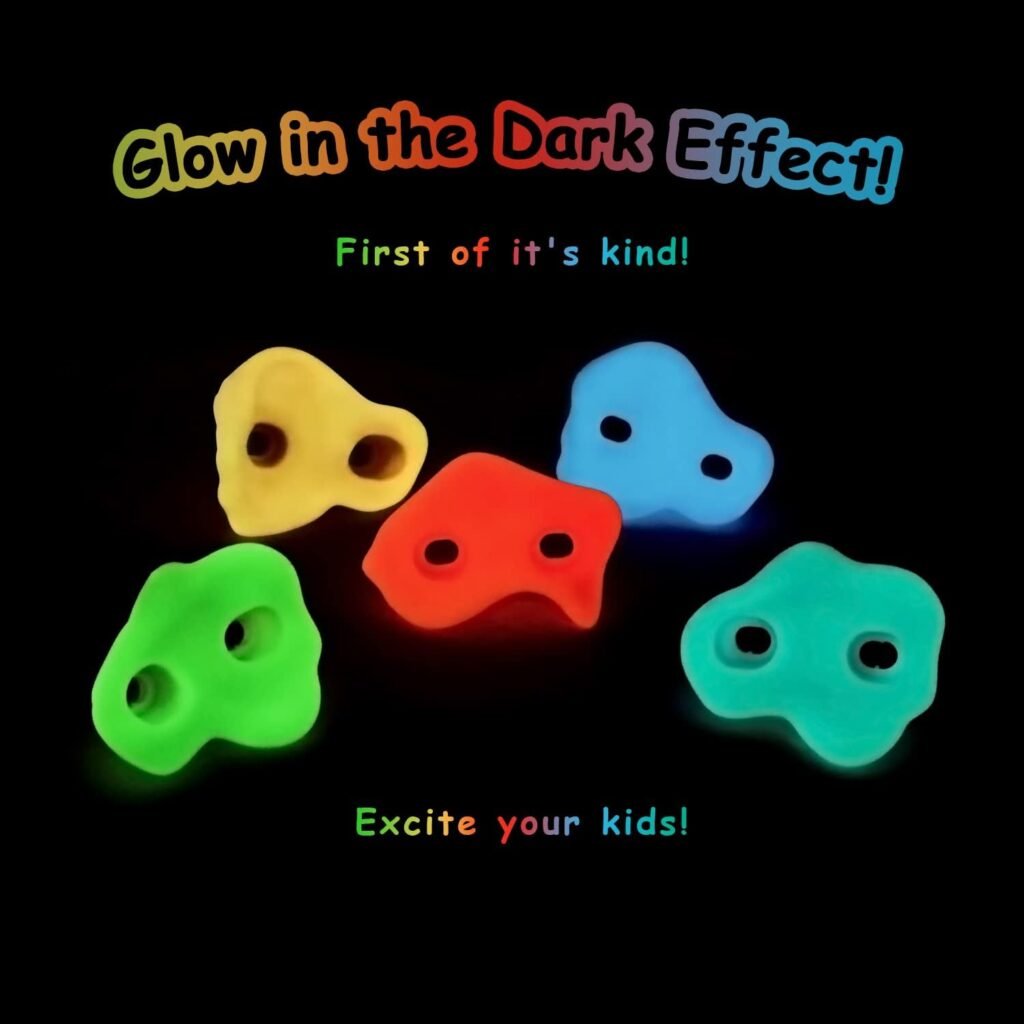 Glow-in-Dark Kids Rock Climbing Holds - 15 Luminous Glow in The Dark Colorful Holds, Install on Wall or Indoor/Outdoor Playset, with Easy DIY Instructions, White, Green, Pink, Blue, Orange