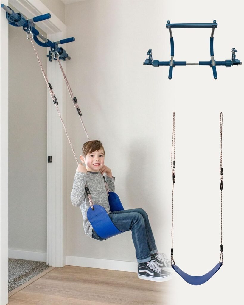 Gym1 4-Piece Doorway Swing Set includes Sensory Swing for Kids, Indoor Pull Up Bar for Adults, Rings for Grip Power, Agility Ladder, Holds Up to 300 Lbs