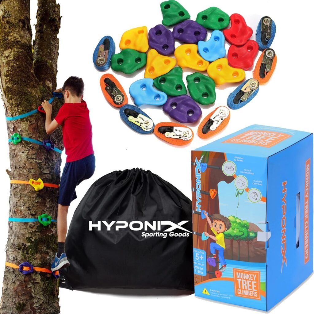 Hyponix Ninja Tree Climbing Kit – 16 Rock Climbing Holds  8 Ratchets – Reinforced Rock Climbing Holds - Sets up Within Minutes - The Perfect Outdoor Toys for Kids 5-12