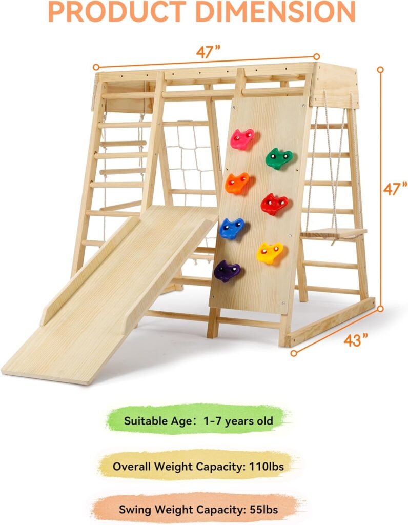 Indoor Playground 7 Functions Jungle Gym Baby Climbing Toys, Montessori Waldorf Style Wooden Toddlers Climber Playset for Children Kids 2-7 with Slide, Climbing Wall, Rope Wall Net, Swing, Ladder