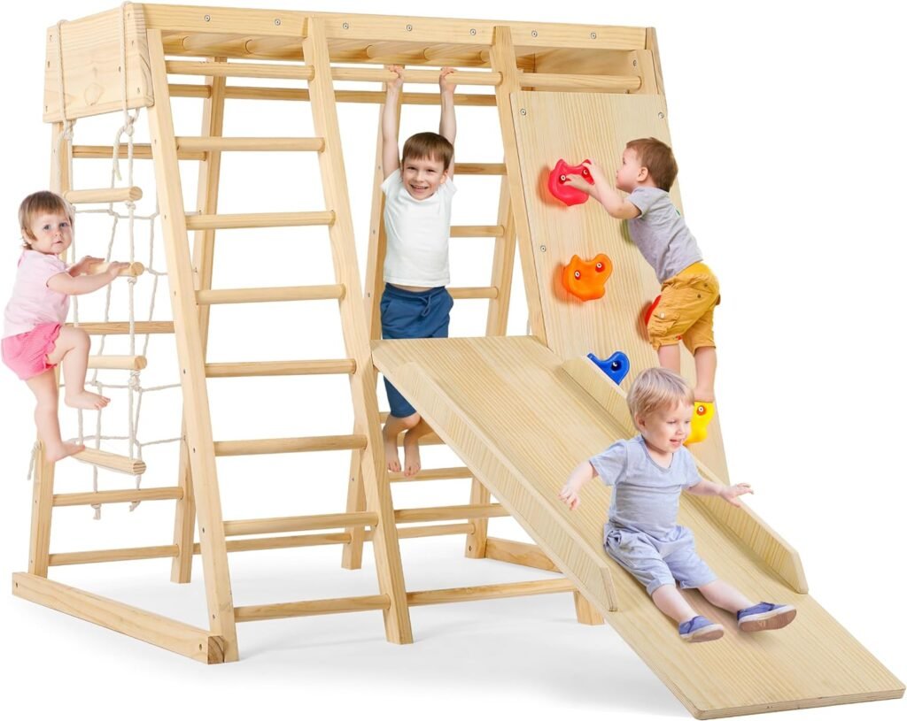 Indoor Playground 7 Functions Jungle Gym Baby Climbing Toys, Montessori Waldorf Style Wooden Toddlers Climber Playset for Children Kids 2-7 with Slide, Climbing Wall, Rope Wall Net, Swing, Ladder