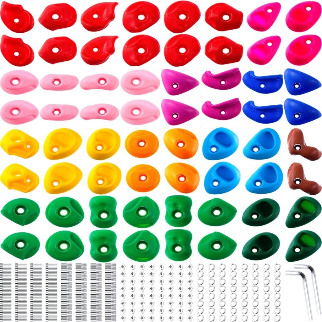 Liliful 64 Pcs Rock Climbing Hold Set for Kids Rock Climbing Wall Kit Adult Mix Colored Climbing Wall Grip with Mounting Screws, Nuts, Wrenches for Outdoor Indoor Playground Backyard Play Set