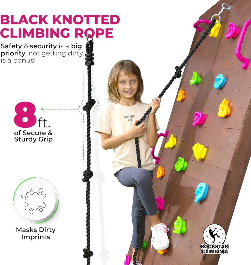 Rock Climbing Holds, Kids Rock Climbing Kit with 25 Wall Grips, 8 Foot Knotted Climbing Rope and 4 Safety Handles, Indoor and Outdoor Play Set for Children Boys Girls