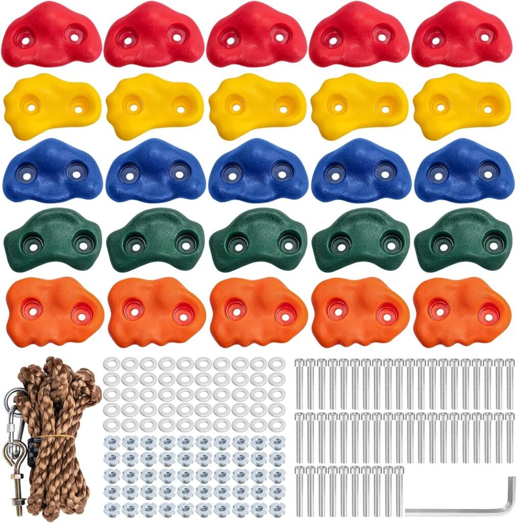 Rock Climbing Holds, Rock Climbing Wall for Kids Rock Wall Climbing Kit for Indoor Outdoor Playground Play Set with Mounting Screws, Knotted Rope and 25 Handles