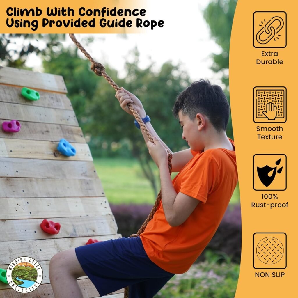 Rock Wall-Climbing Kit - 25 Multi-Colored Rock Climbing Holds with Mounting Hardware - Easy to Install, Indoor/Outdoor Rock-Climbing Accessories with Knotted Rope for Kids