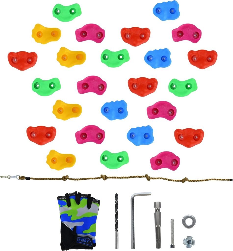 Rock Wall-Climbing Kit - 25 Multi-Colored Rock Climbing Holds with Mounting Hardware - Easy to Install, Indoor/Outdoor Rock-Climbing Accessories with Knotted Rope for Kids