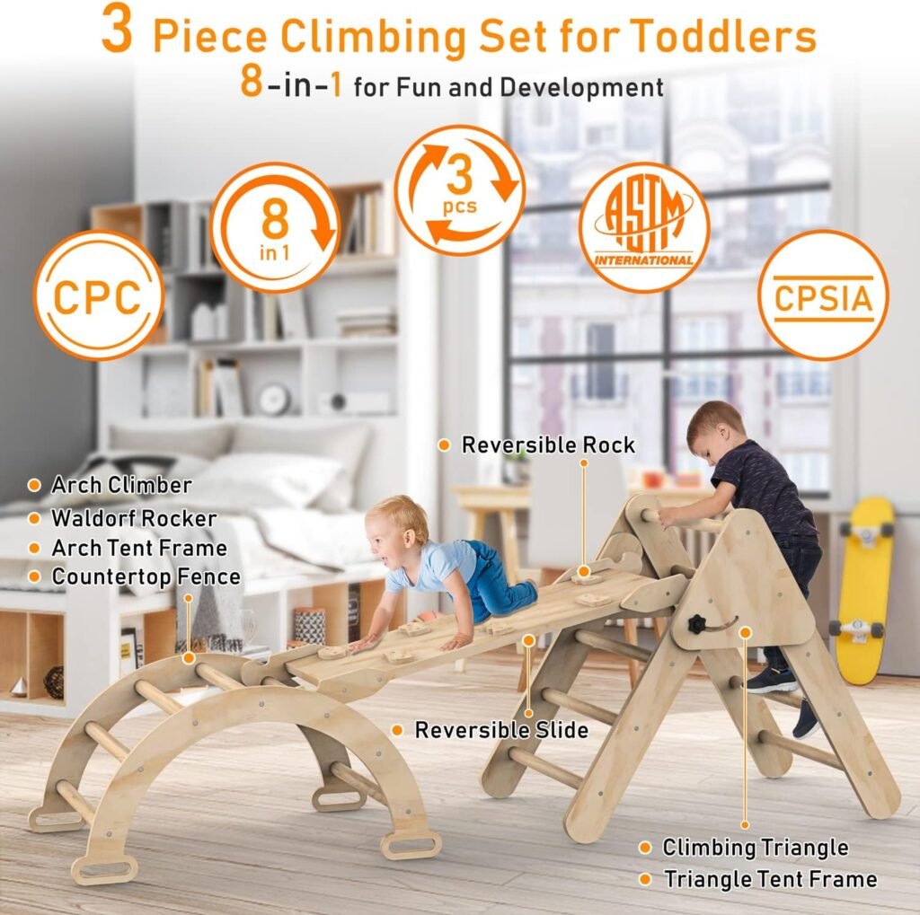 Toddler Climbing Toys Indoor, Foldable Climbing Toys for Toddlers, Montessori Climbing Set with Triangle Climber, Arch Ramp, Rock Climber, Slide, Rocker, Wooden Montessori Toys for Toddlers