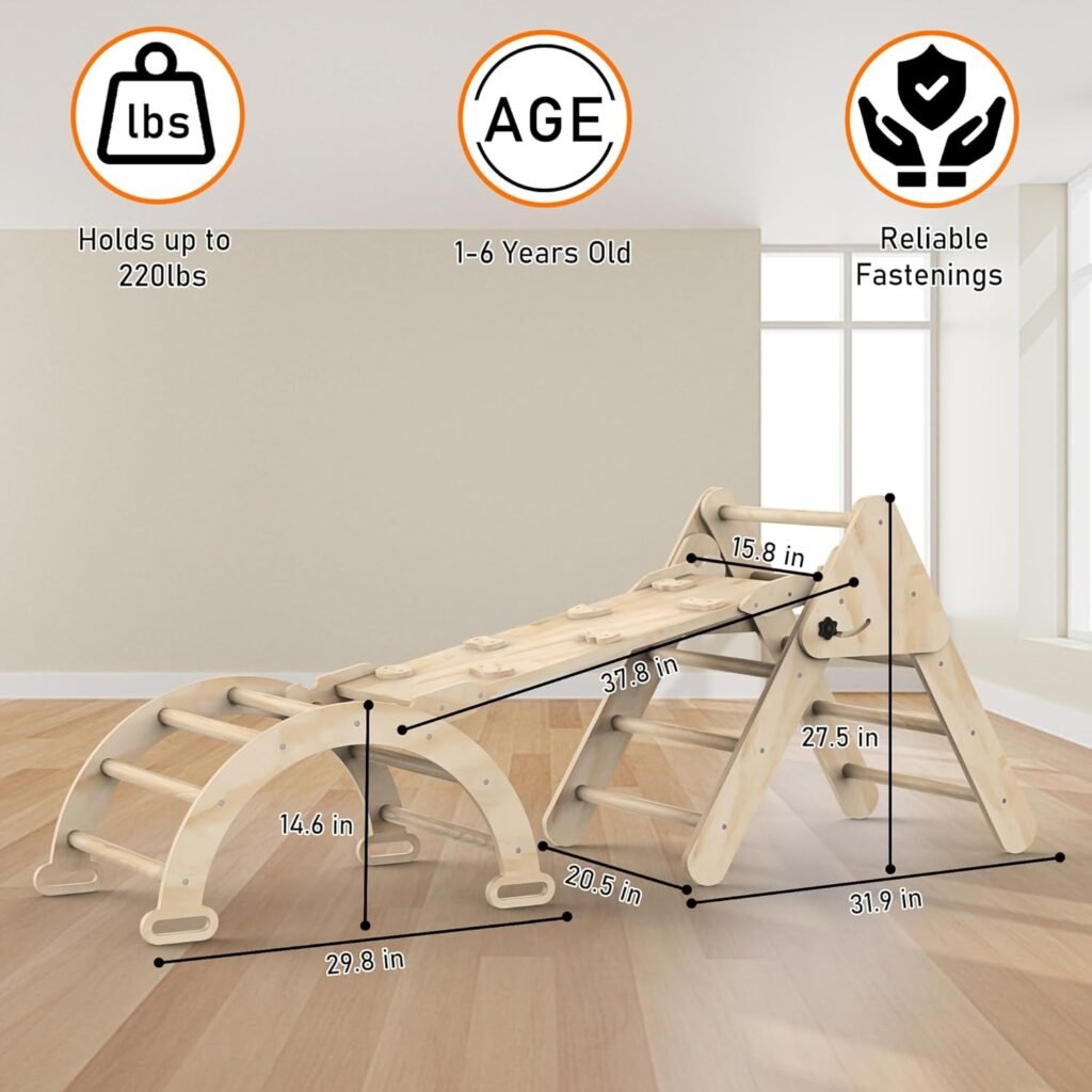 Toddler Climbing Toys Indoor, Foldable Climbing Toys for Toddlers, Montessori Climbing Set with Triangle Climber, Arch Ramp, Rock Climber, Slide, Rocker, Wooden Montessori Toys for Toddlers