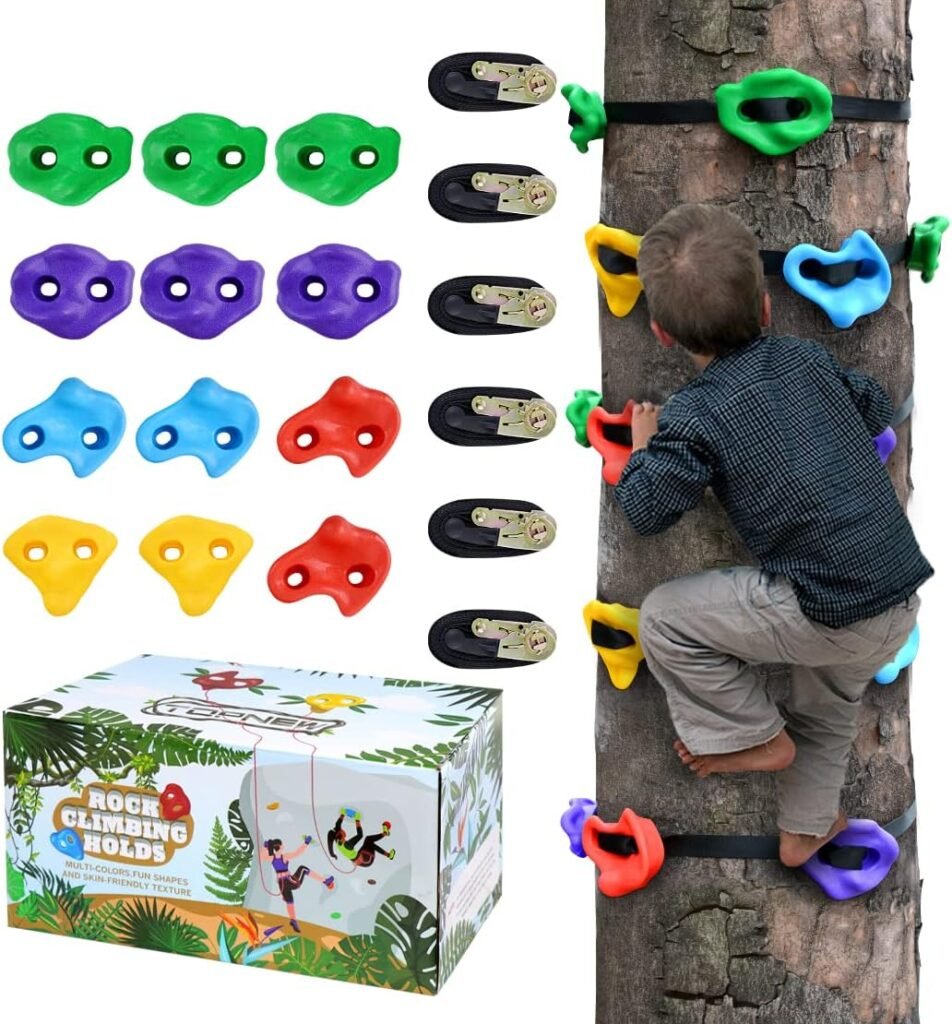 TOPNEW 12 Ninja Tree Climbing Holds for Kids Climber, Adult Climbing Rocks with 6 Ratchet Straps for Outdoor Ninja Warrior Obstacle Course Training