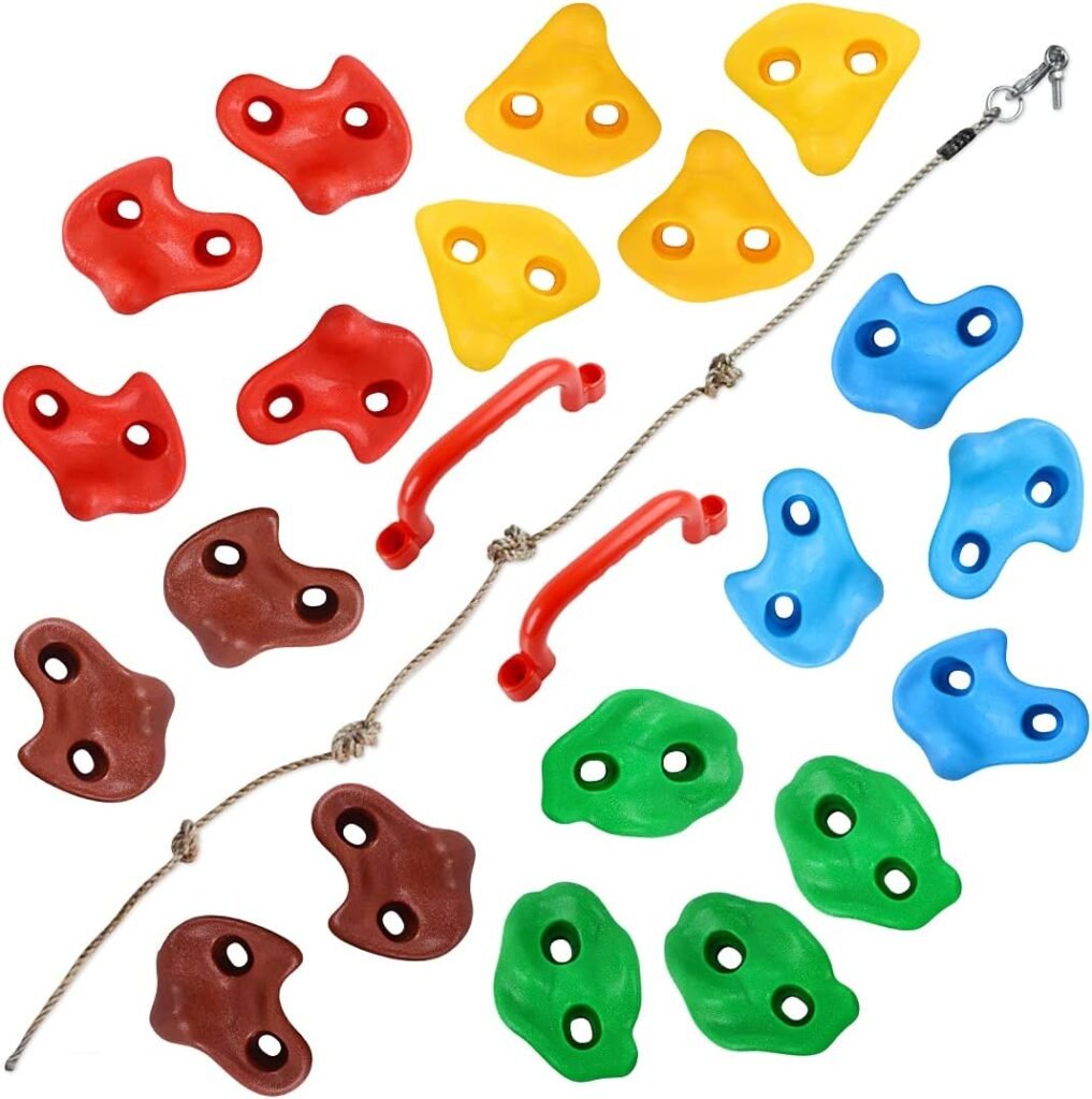 TOPNEW 20 PCS Rock Climbing Holds for Kids, Rock Wall Holds with 6.56 Ft Climbing Rope and 2 Handles, Rock Wall Climbing Kit for Indoor and Outdoor Playset - includes Mounting Hardware