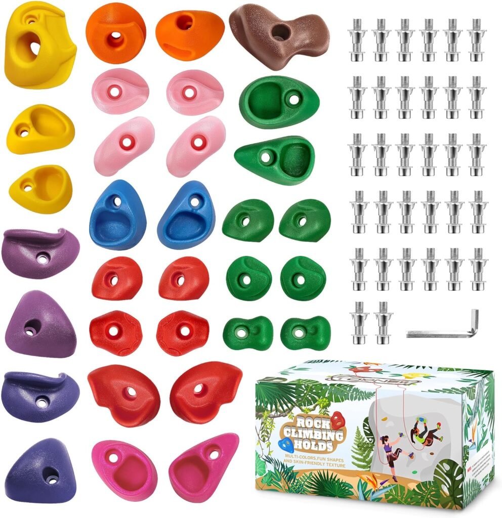 TOPNEW 32 Rock Climbing Holds Multi Size for Kids, Adult Rock Wall Holds Climbing Rock Wall Grips for Indoor and Outdoor Playground Play Set - includes 2 Inch Mounting Hardware